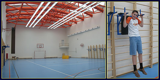 В Новой Одинцовской гимназии большой светлый спортзал с хитрым покрытием