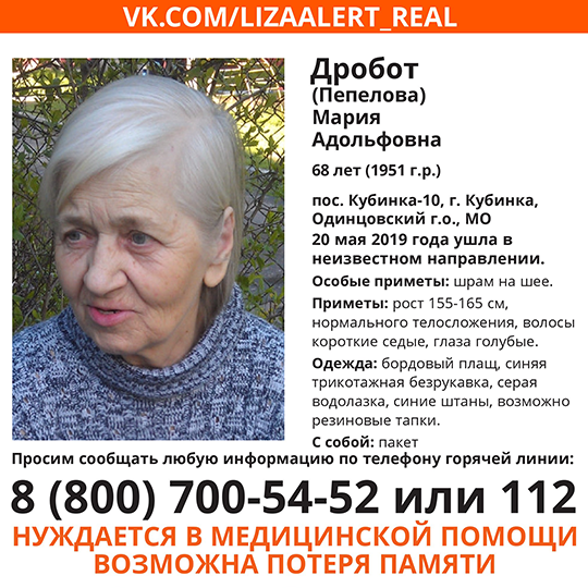В Одинцовском округе пропала пенсионерка