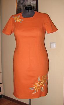 Платье из костюмного льна актуального оранжевого цвета с ручной вышивкой, Персональный пошив, tatotchka, Голицыно