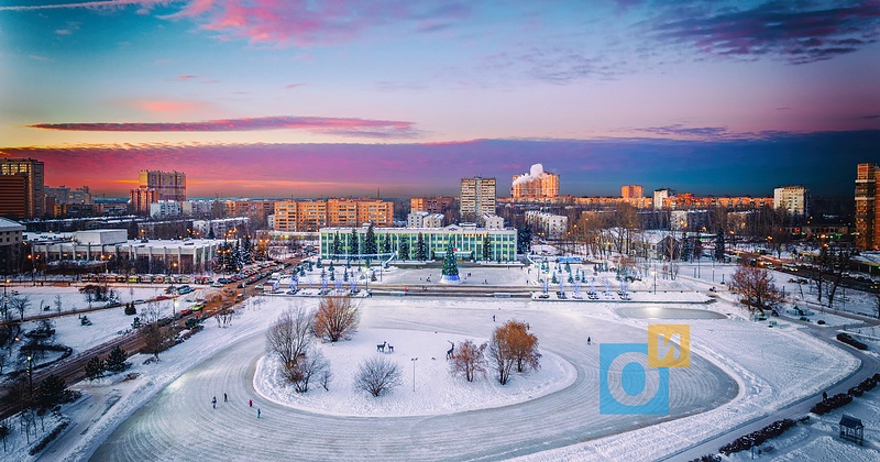 Зимний закат в центре Одинцово, Аэро, съемка с воздуха