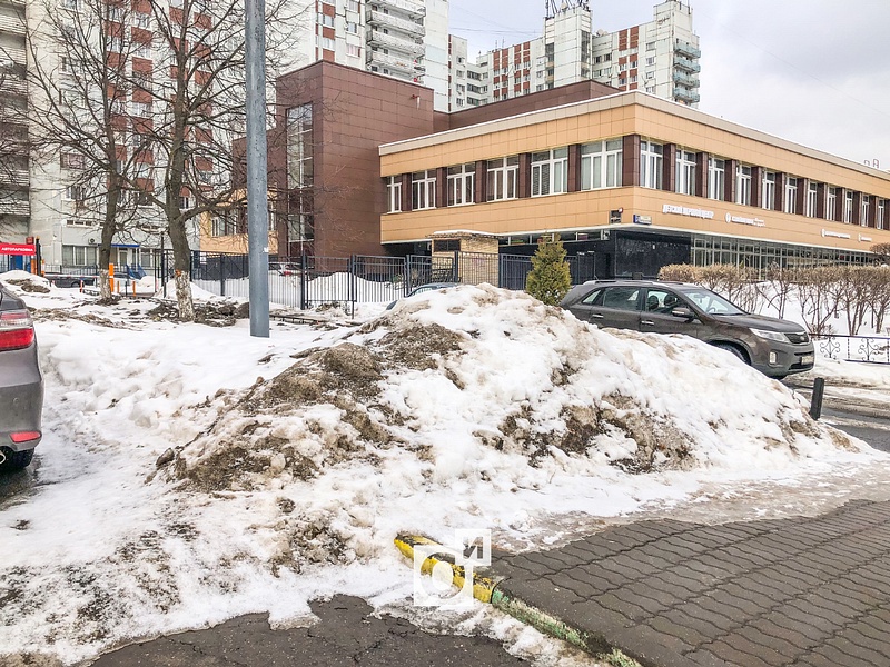Складирование снега на газоне у дома 34А, Маршала Жукова, В Одинцово снежные отходы разбрасывают по газонам и тротуарам