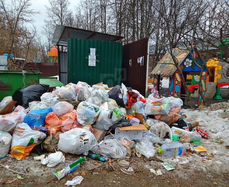 Кучи мусора у детской площадки в деревни Крюково, Мусорная площадка по соседству с детской