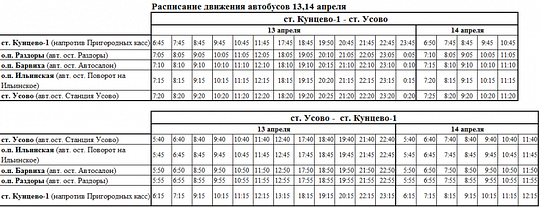 Компенсационные автобусы между Кунцево-1 и Усово на 13 и 14 апреля, Апрель