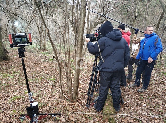 Съёмочная группа на площадке в лесу, Съёмки в лесу у Красногорского шоссе