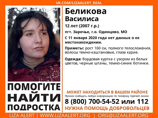 12-летняя Василиса Беликова пропала в Одинцовском округе, Январь