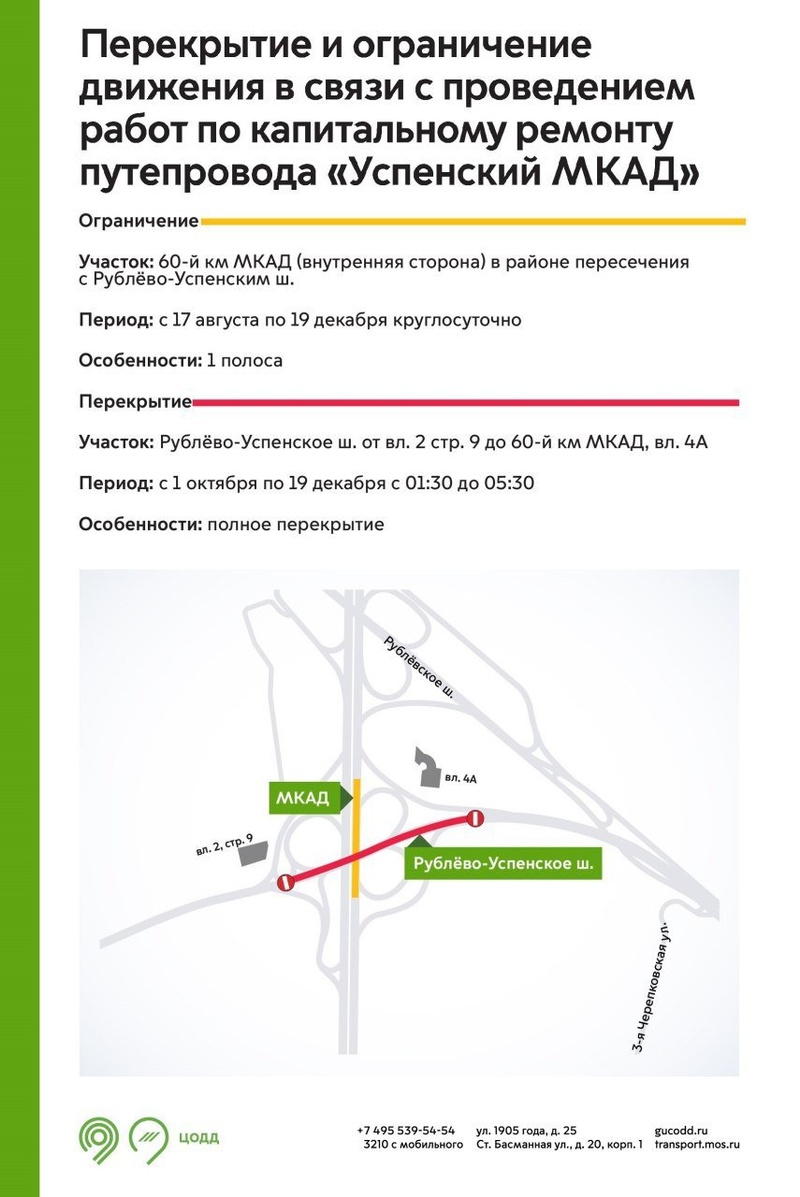 Участок Рублёво-Успенского шоссе в районе МКАД будут перекрывать 2,5 месяца в утренние часы, Сентябрь