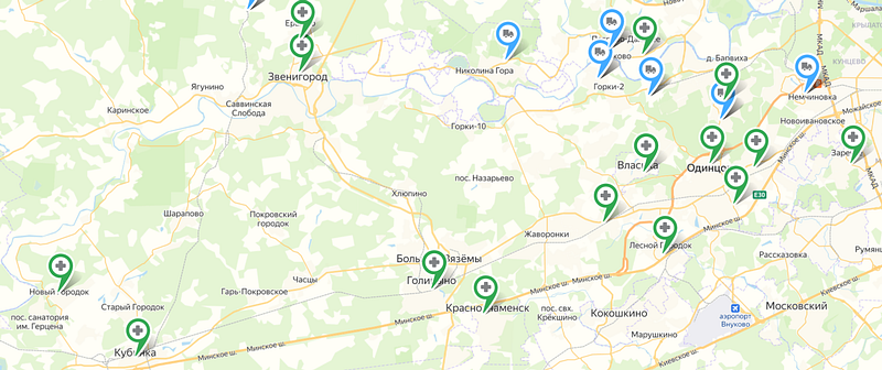 Интерактивная карта пунктов вакцинации против гриппа в Одинцовском округе, Сентябрь