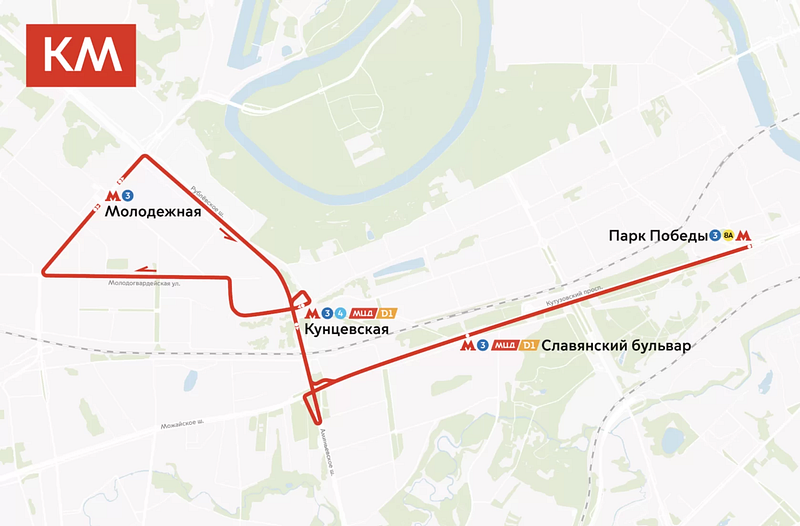 Бесплатный компенсационный автобусный маршрут КМ с остановками у станций метро, Станции метро «Славянский бульвар» и «Кунцевская» закроют на 10 дней