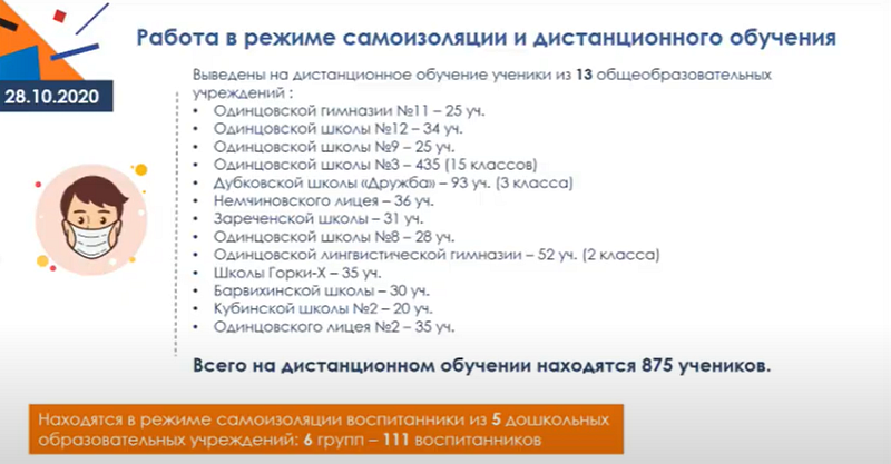 На дистанционное обучение выведены ученики из 13 школ, В Одинцовском округе на дистанционку переведены 875 учеников из 30 классов
