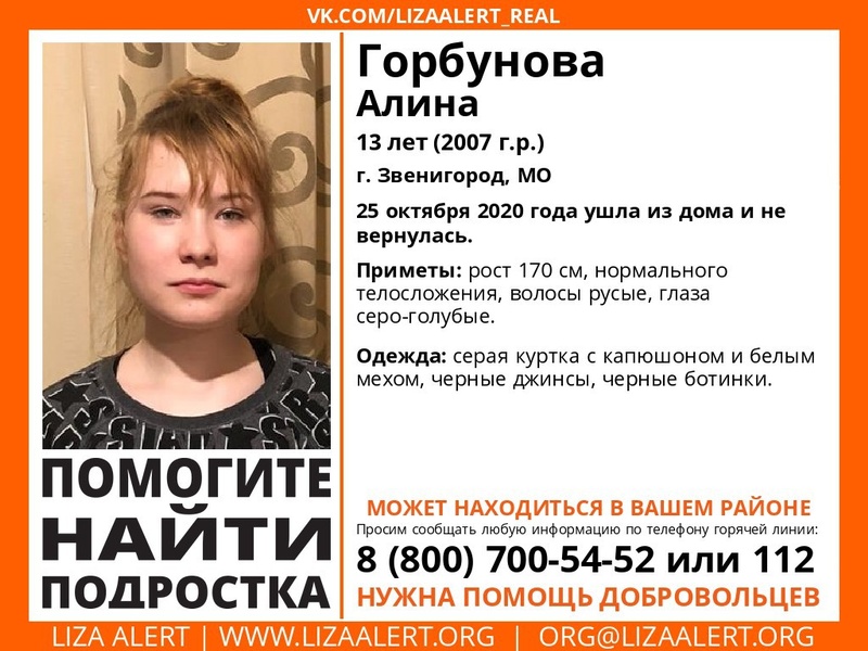 13-летнюю Алину Горбунову разыскивают в Одинцовском округе, Октябрь, Лиза Алерт