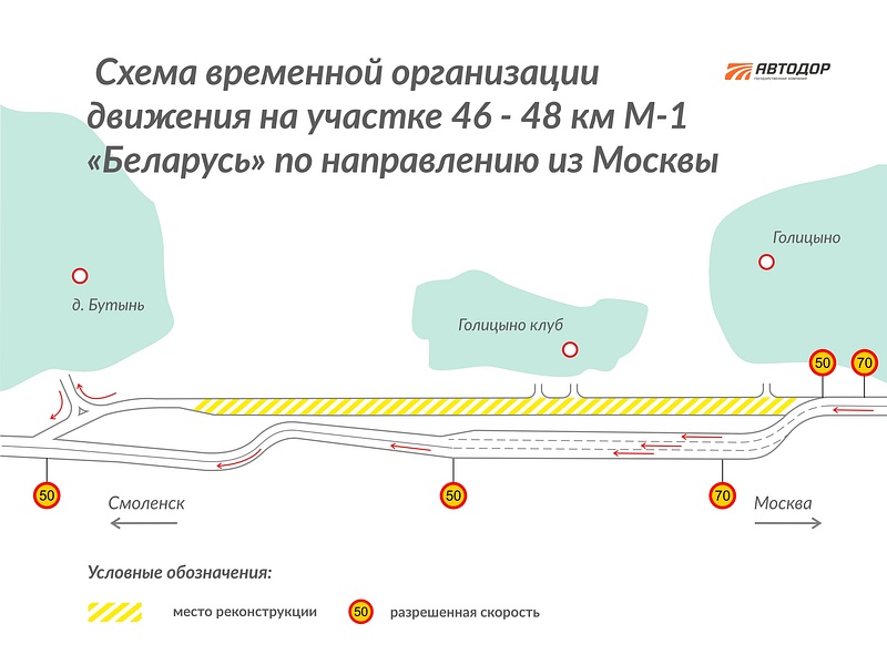 Схема временной организации движения на 46-48 км Минского шоссе по направлению из Москвы, Ноябрь