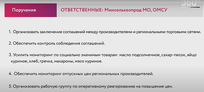 Поручения Минсельхозпроду МО и властям городских округов, Губернатор Воробьёв призвал не допустить роста цен на продукты в Подмосковье