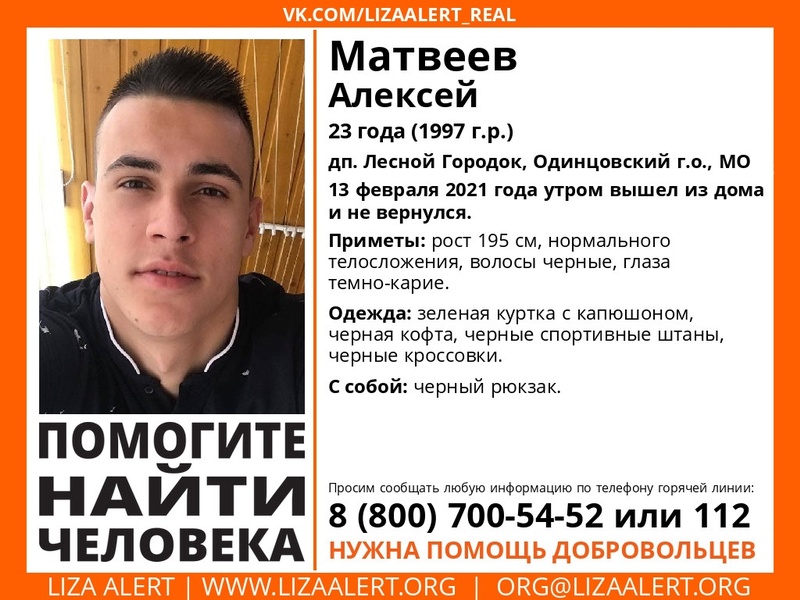 В Одинцовском округе разыскивают 23-летнего Алексея Матвеева, Февраль