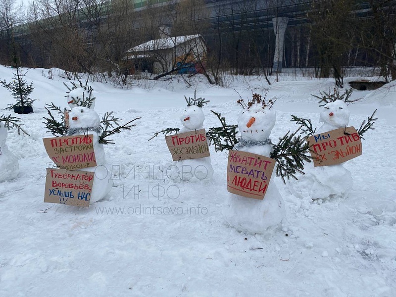 «Мы против ЖК Эльйон», «Хватит плевать на людей», Митинг снеговиков против стройки ЖК в деревне