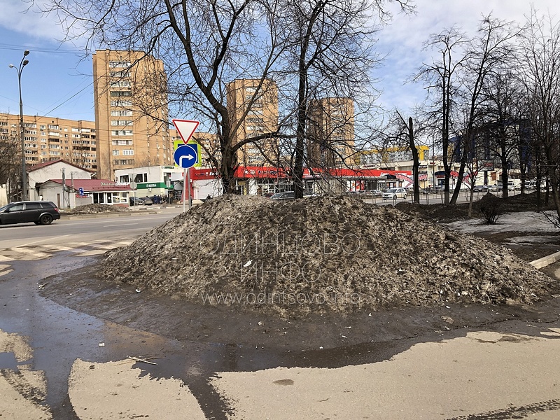 Куча снега на прилегающей к Можайскому шоссе территории, Наступает второй месяц весны: в Одинцово до сих пор не вывезли снежные отходы