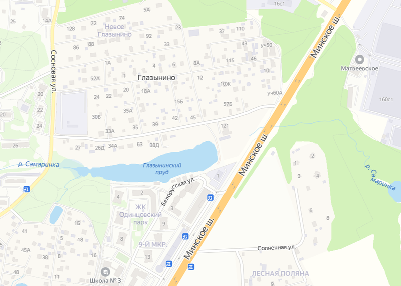 Глазынинский пруд на карте города Одинцово, Май
