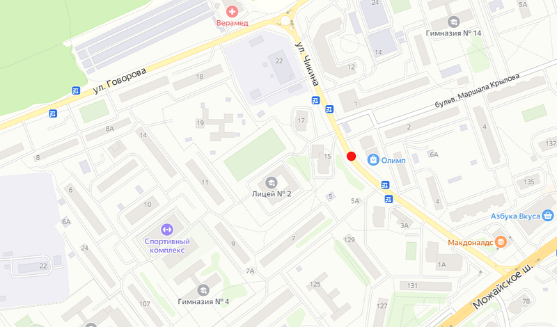 Пешеходный переход на карте отмечен красным, Новый светофор устанавливают на улице Чикина в Одинцово