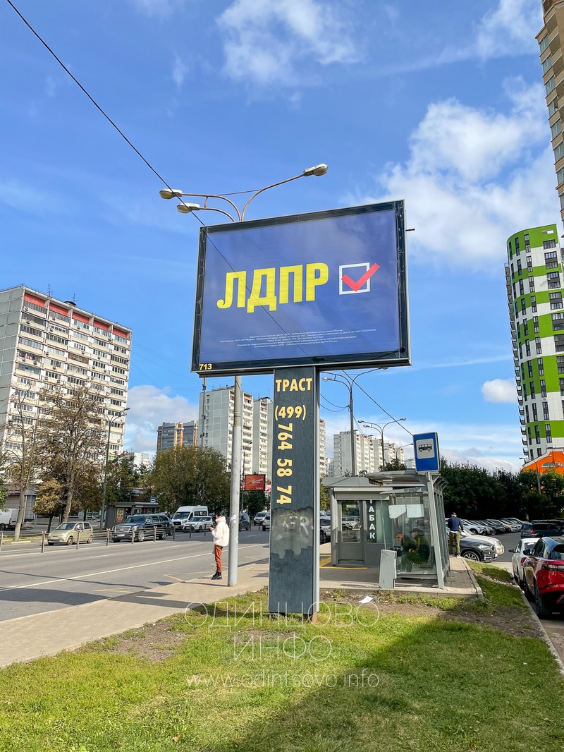 Агитация ЛДПР возле автобусной остановки, В день голосования в Одинцово висят билборды с агитацией