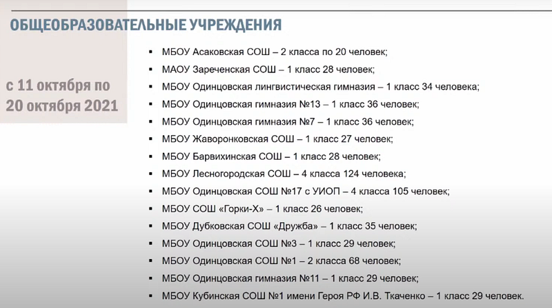 Список классов муниципальных школ, переведённых на дистанционное обучение, В Одинцовском округе на дистанционку переведены 654 школьника