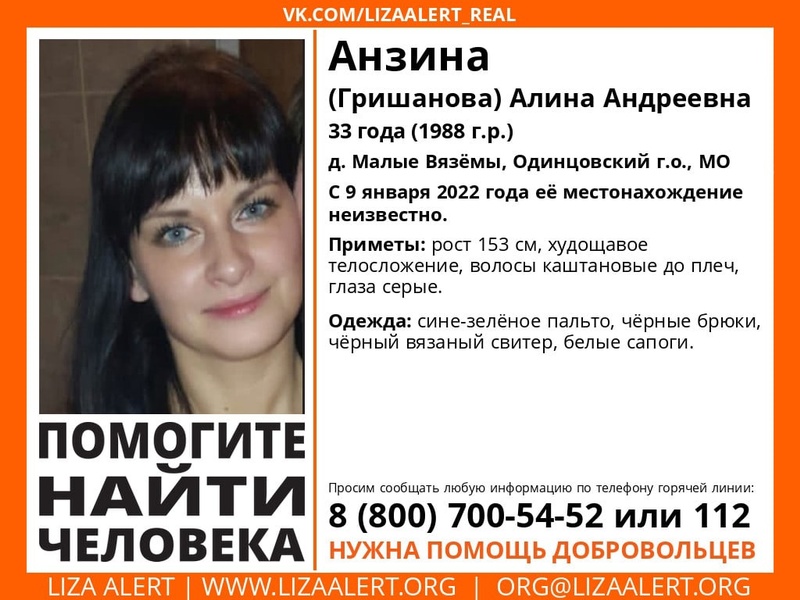 Алину Андреевну Анзину разыскивают в Одинцовском городском округе, Январь, Лиза Алерт, розыск