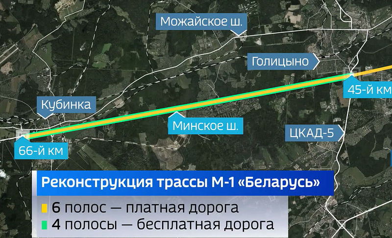 Участок 45-66 км Минского шоссе, на котором ввели шесть платных полос, Январь, М-1, Автодор