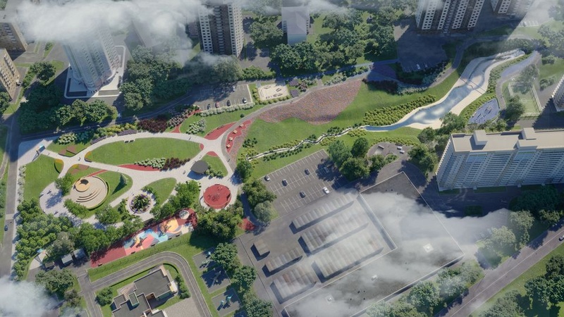 Визуализация: пешеходные дорожки, площадки, Первую часть нового парка в 8-м микрорайоне Одинцово откроют к 4 ноября