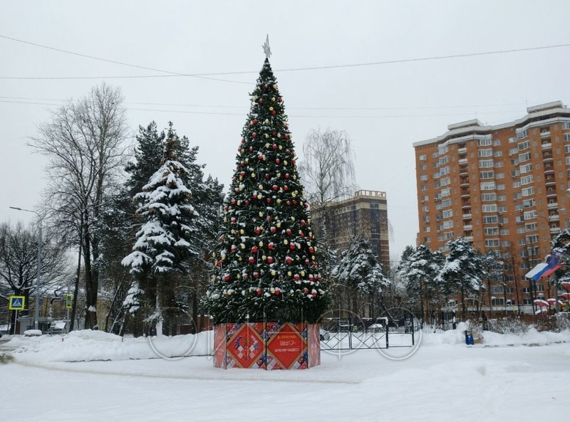 Новогодняя ель возле ДК «Солнечный» в 8-м микрорайоне Одинцово, Декабрь